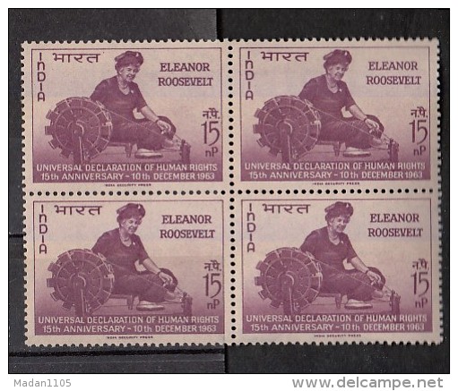 INDIA, 1963,  15th Anniv Of Declaration Of Human Rights (picture -Eleanor Roosvelt). Block Of 4, MNH, (**) - Unused Stamps