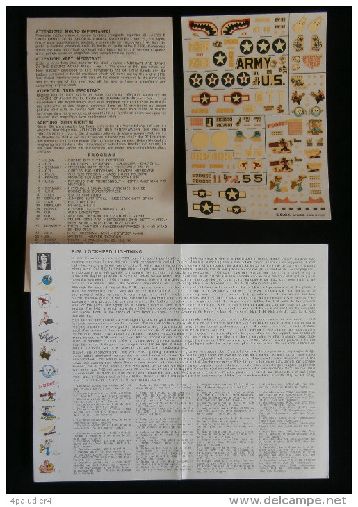 Décalcomanies Decal Set E.S.C.I. AVIATION P-38 LOCKEED LIGHTNING    1970/80 WW2 Guerre 39-45 - Avions & Hélicoptères