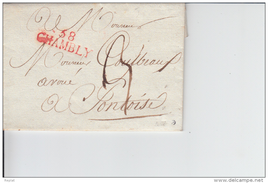 MARQUE POSTALE   LAC   58 CHAMBLY A PONTOISE   1813  CACHET ROUGE - 1801-1848: Précurseurs XIX