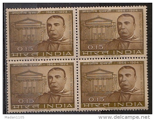 INDIA, 1964,   Asutosh Mookerjee, Mathematics Prodigy, Law, Education Reforms, Science, Royal Society Blk Of 4,MNH, (**) - Unused Stamps