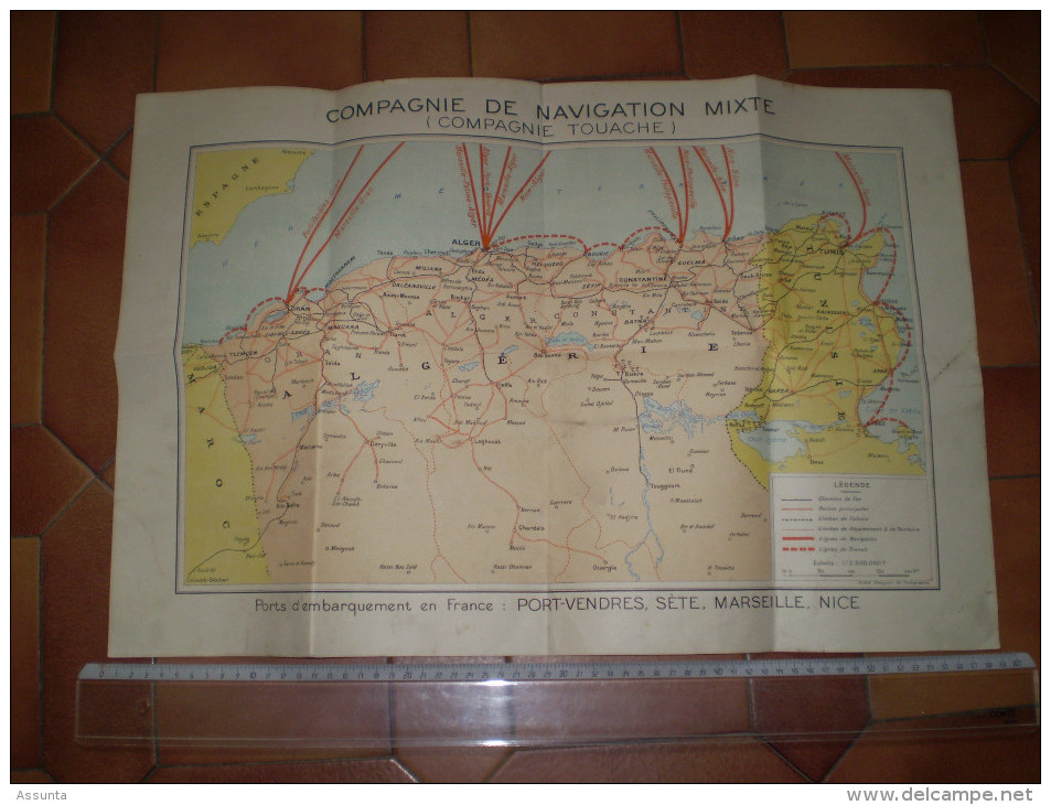 Carte Maritime & Terrestre Compagnie De Navigation Mixte, Compagnie Touache :Port Vendres,Sète,Marseille,Nice,Algérie Tu - Cartes Marines