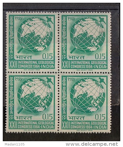 INDIA, 1964, Geological Congress., Geology, Globe, Study Of Earth History, Climate, Mineral, Rock,Blk  Of 4, MNH, (**) - Unused Stamps