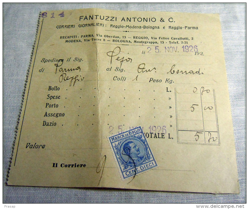 STORIA POSTALE -- RICEVUTA DI SPEDIZIONE 30+30 CENT SU 5 CENT 1924  FANTUZZI ANTONIO - Pacchi Postali