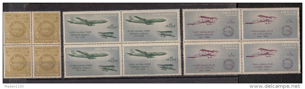 INDIA, 1961, First Official Airmai(Aerial) Flight, Airplane, Henri Pecquet, Boeing, Set 3 V, Block Of 4,   MNH, (**) - Neufs