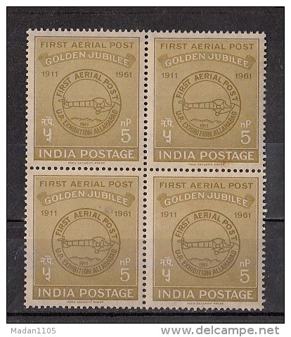 INDIA, 1961, First Official Airmail(Aerial) Flight, Airplane, Henri Pecquet, Boeing, 5p Stamp, Block Of 4,  MNH, (**) - Neufs