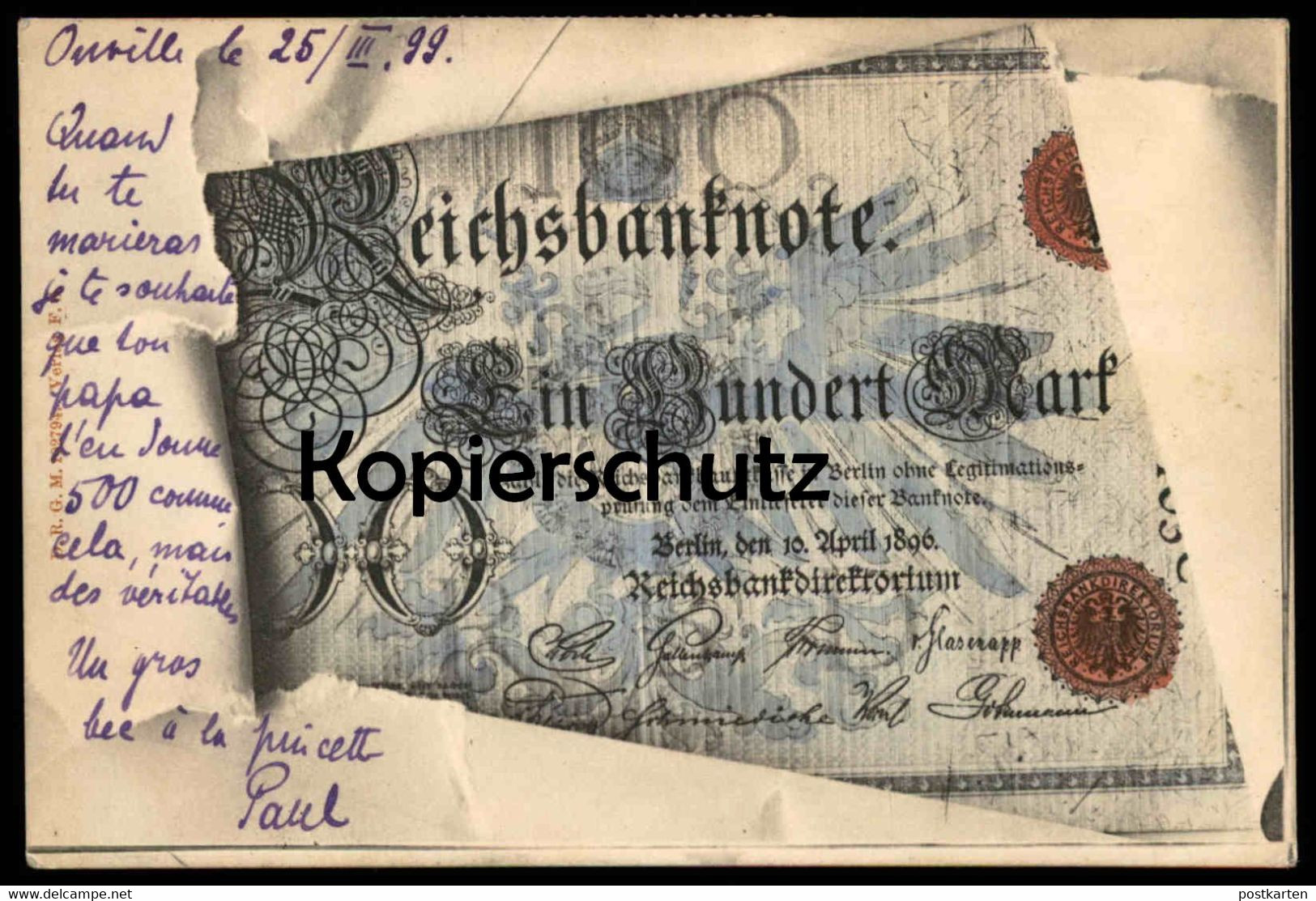 ALTE POSTKARTE GELDSCHEIN REICHSBANKNOTE 100 MARK REICHSBANK BERLIN 1896 Money Monnaie Billet De Banque Bank Note Geld - Monnaies (représentations)