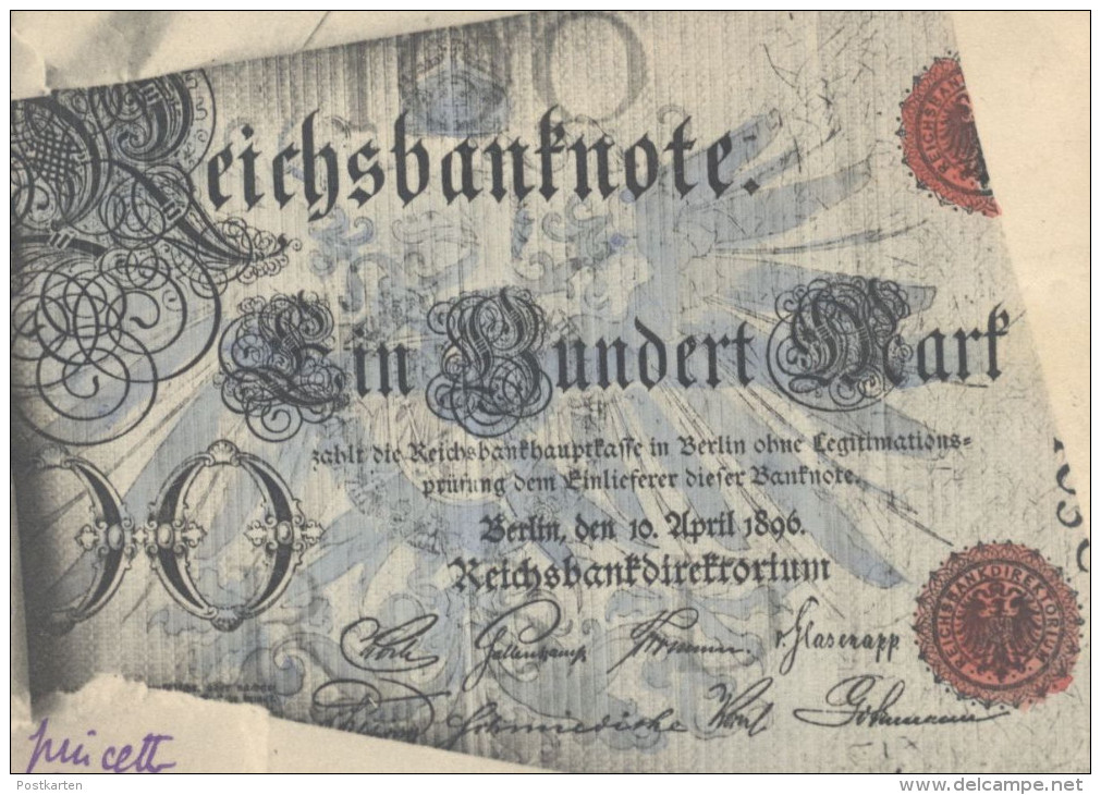 ALTE POSTKARTE GELDSCHEIN REICHSBANKNOTE 100 MARK REICHSBANK BERLIN 1896 Money Monnaie Billet De Banque Bank Note Geld - Monnaies (représentations)