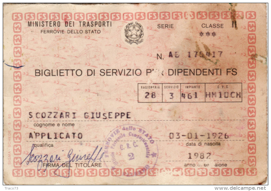 FERROVIE  DELLO STATO  /  Biglietto Di Servizio Per I Dipendenti F.S. _ Annunni Biglietterie - Europa