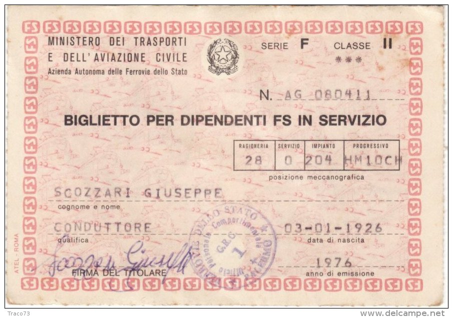 FERROVIE  DELLO STATO  /  Biglietto Di Servizio Per I Dipendenti F.S. _ Annunni Biglietterie - Europe