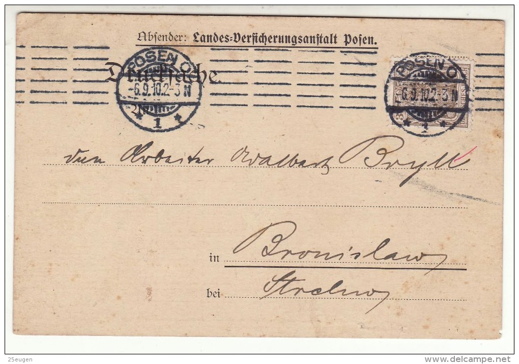 POLAND / GERMAN ANNEXATION 1910  POSTCARD  SENT FROM  POZNAN - Lettres & Documents