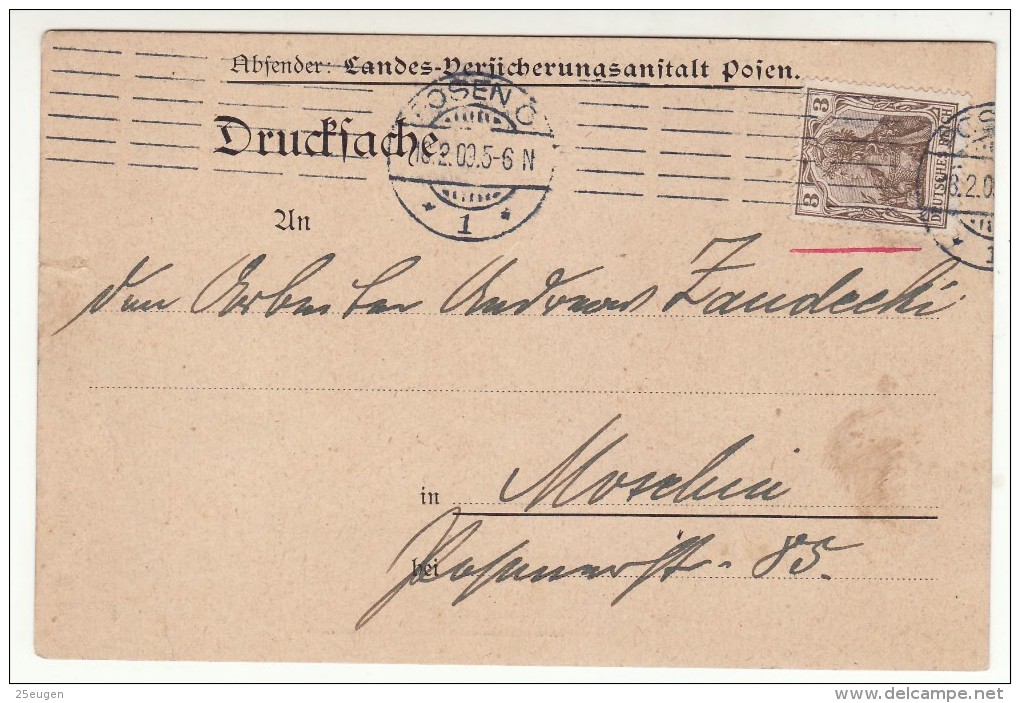 POLAND / GERMAN ANNEXATION 1900  POSTCARD  SENT FROM  POZNAN TO MOSINA - Lettres & Documents