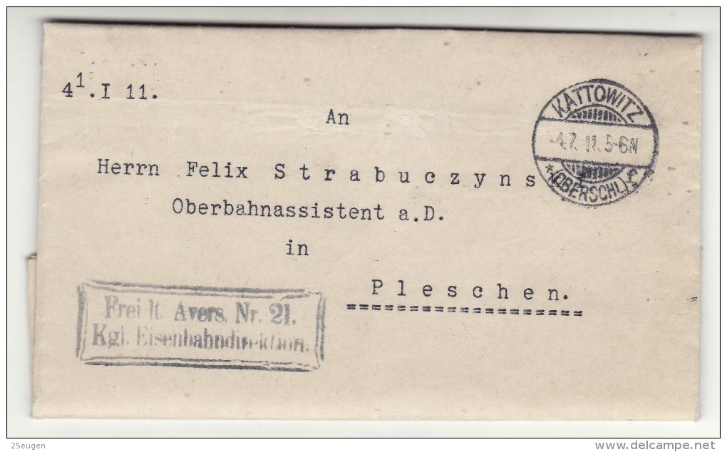 POLAND / GERMAN ANNEXATION 1911 LETTER  SENT FROM  KATOWICE TO PLESZEW - Lettres & Documents