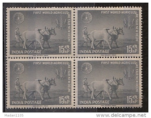 INDIA, 1959,  1st World Agriculturee Fair, Agriculture Fair,Former, Ploughing, Bullcart, Crops, Globe, Blk Of 4MNH, (**) - Nuevos