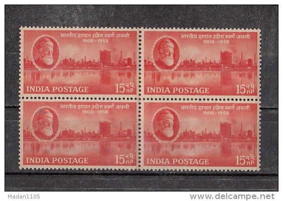 INDIA, 1958, 50th Anniversary Of 1st Indigenous Steel Industry, TISCO Plant, Jamshedji Tata, Founder, Blk Of 4,MNH, (**) - Unused Stamps