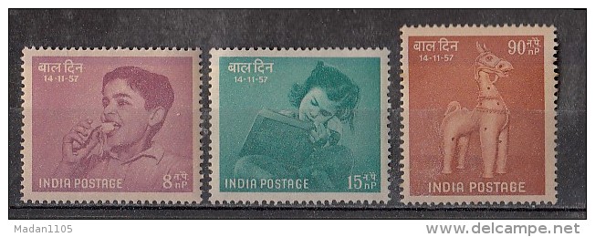 INDIA, 1957, Children's Day Horse, Set 3 V, Nutrition, Education, Recreation, Childrens,MNH, (**) - Nuevos