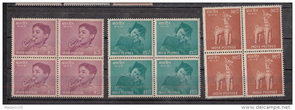 INDIA, 1957, Children's Day Horse, Set 3 V, Nutrition, Education, Recreation, Childrens, Block Of 4 , MNH, (**) - Ungebraucht