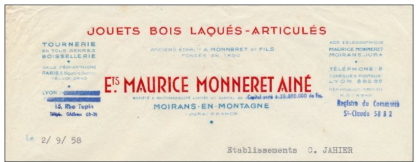 Facture Des Jouets Bois Laqués & Articulés Maurice  Monneret à Moirans-en-Montagne Jura En...1958 - 1950 - ...