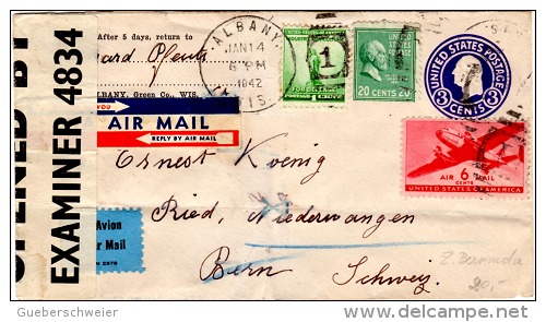 BAR 8 - ETATS-UNIS Belle Lettre Entier Postal Par Avion De Albany Pour La Suisse Avec Censure 1942 - 1941-60