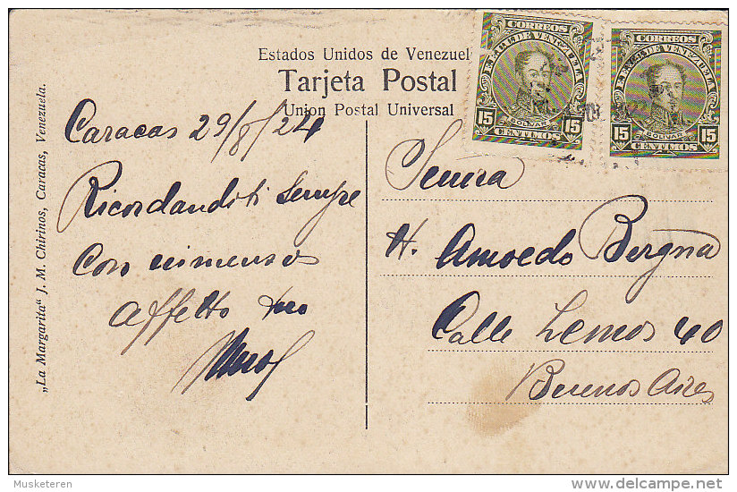 Ecuador PPC Teatro Nacional - Caracas 1924 To BUENOS AIRES Simon Bolivar Stamps (2 Scans) - Equateur