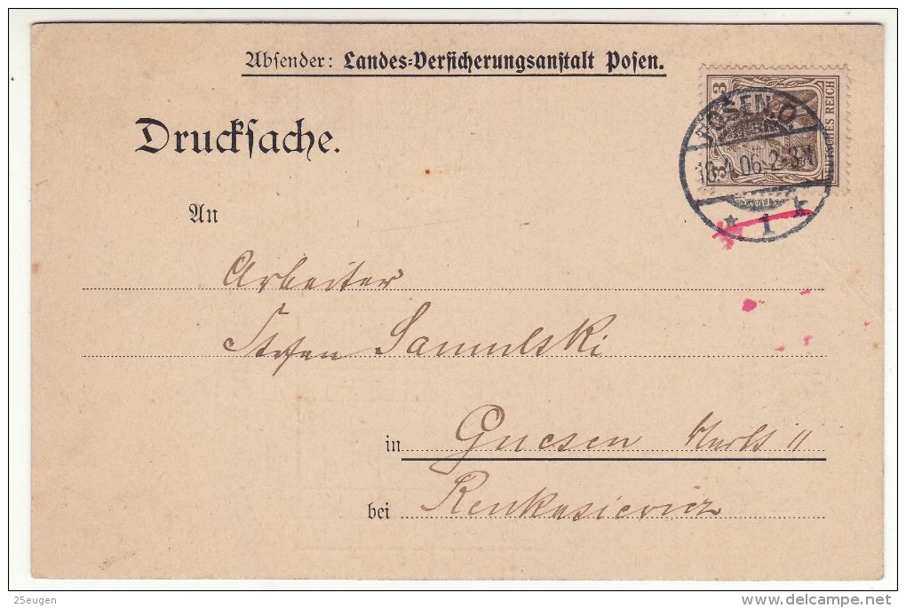 POLAND / GERMAN ANNEXATION 1906  POSTCARD  SENT FROM  POZNAN TO GNIEZNO - Lettres & Documents