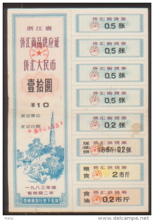 CHINA CHINE 1983 ZHEJIANG PROVINCE REMITTANCES COMMODITY SUPPLY CARD REMITTANCES 10 YUAN BRIQUETTES,GRAIN,COOKING OIL - Chine