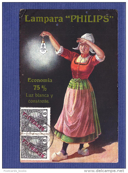 Postal Publicitario LAMPARAS PHILIPS. Old Advertising Postcard LAMPS PHILIPS SPAIN / Espana. Circulado 1911. - Autres & Non Classés