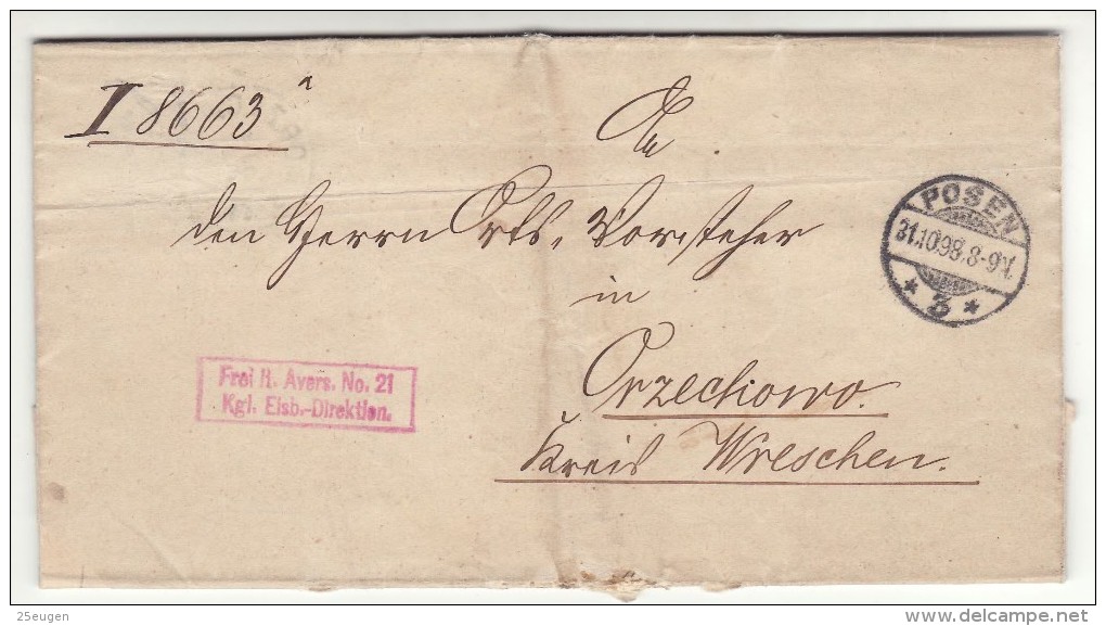 POLAND / GERMAN ANNEXATION 1898  LETTER  SENT FROM  POZNAN TO ORZECHOWO - Lettres & Documents