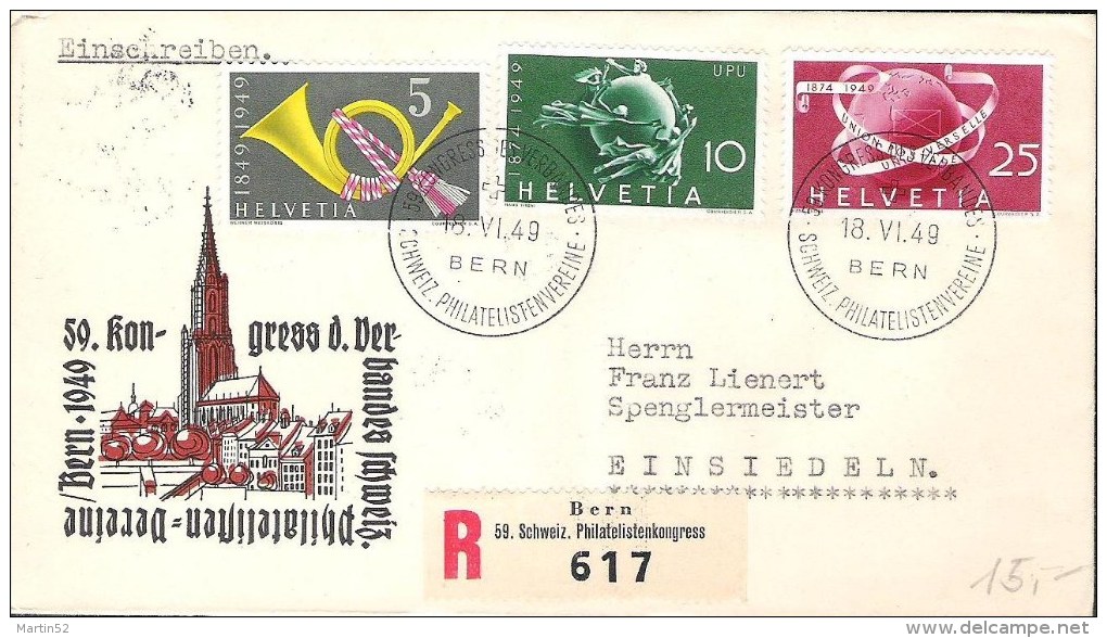 Schweiz Suisse 1949: R-Brief Mit Post & UPU 1949 Mit Sonderstempel  "PHILATELIEVERBAND" BERN 18.VI.49 - Covers & Documents