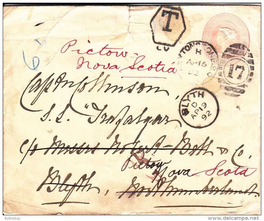 Great Britain 1p Victoria Postal Stationery Posted 'Brytonstone S.O. AP 16 92' To Blyth Re-directed To Pictou, NS - Stamped Stationery, Airletters & Aerogrammes