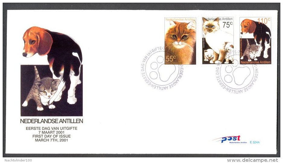 Miv324+Afb FAUNA HONDEN KATTEN ZOOGDIEREN DOGS CATS MAMMALS HUNDE KATZE CHATS CHIENS NEDERLANDSE ANTILLEN 2001 FDC´s - Katten