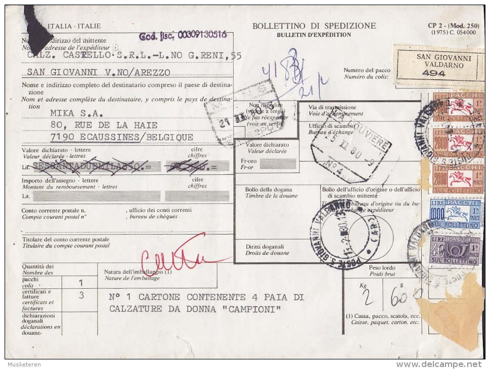 Italy Bollettino Di Spedizione Bulletin D´Expedition Via Aerea Par Avion Label SAN GIOVANNI Valdarno 1980 To Belgium - Postpaketten