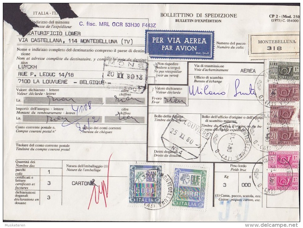 Italy Bollettino Di Spedizione Bulletin D´Expedition Via Aerea Par Avion Label MONTEBELLUNA 1980 LA LOUVIERE Belgium - Postpaketten