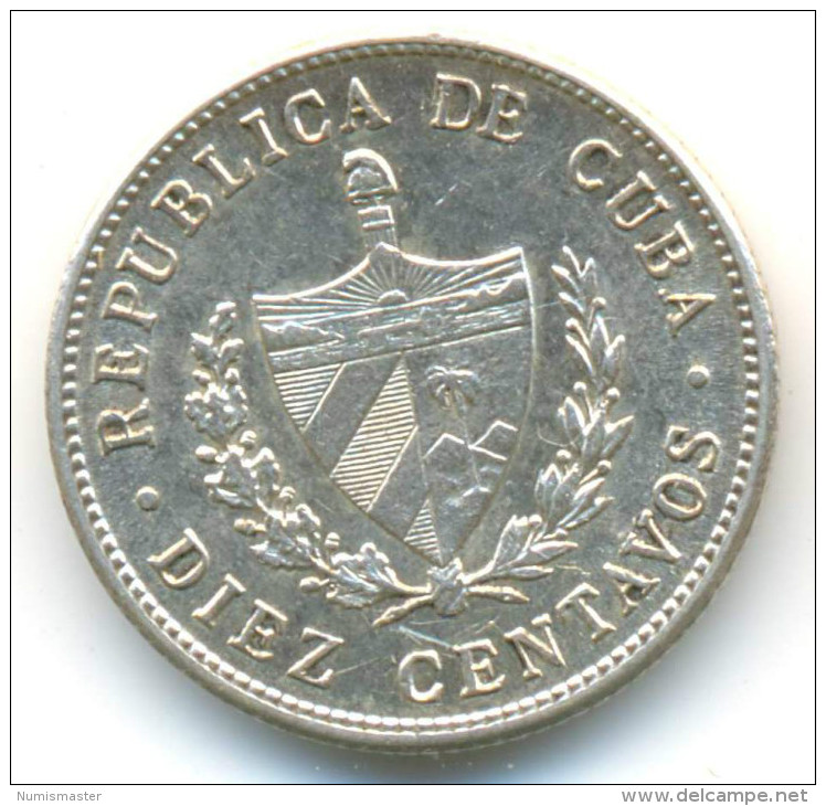 CUBA , 10 CENTAVOS 1949 AUNC SILVER COIN - Cuba