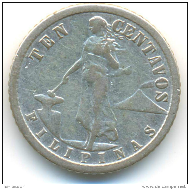 PHILIPPINES , 10 CENTAVOS 1908 S , SILVER COIN - Philippines