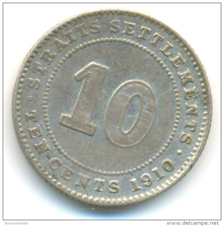 STRAITS SETTLEMENTS , 10 CENT 1910 , SILVER COIN - Kolonies