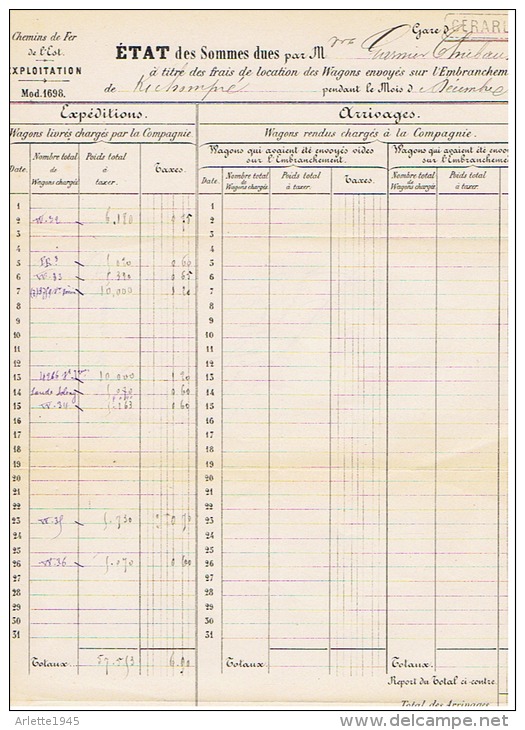 COMPAGNIE CHEMINS  DE FER  DE L'EST  GERARMERD   1882 - Other & Unclassified