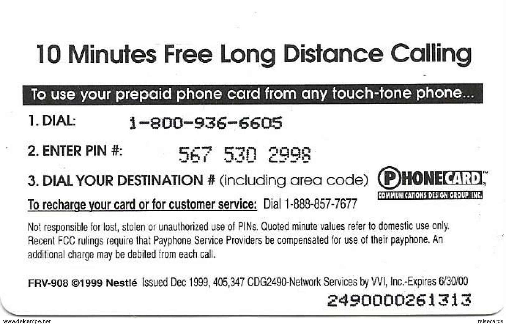 USA: Prepaid Phonecard Communications Design Group Inc. - Nestlé Butterfinger - Sonstige & Ohne Zuordnung