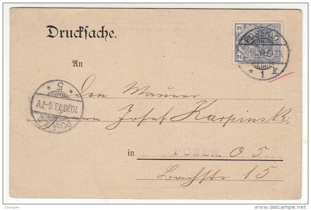 POLAND / GERMAN ANNEXATION 1903  POSTCARD  SENT FROM  POZNAN TO POZNAN - Briefe U. Dokumente