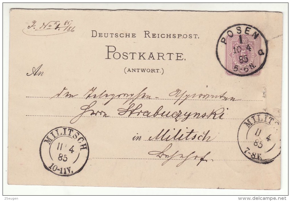 POLAND / GERMAN ANNEXATION 1885  POSTCARD  SENT FROM  POZNAN TO MILICZ - Briefe U. Dokumente