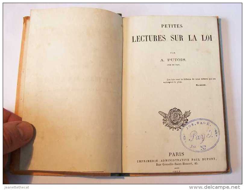 PUTOIS Juge De Paix PETITE* LECTURE* SUR LA LOI 1864 BIBLIOTHEQUE SCOLAIRE Enseignement Ecole Droit Social Penal Justice - 12-18 Years Old