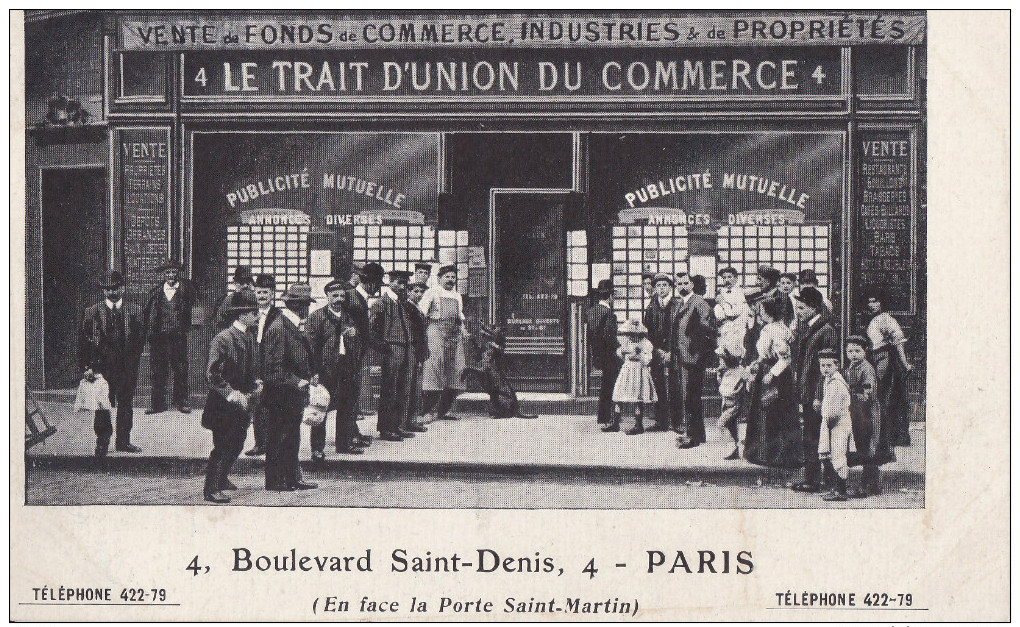 PARIS 3°  Bd St DENIS  PHOTO Devanture  LE TRAIT D´ UNION   Vente De FONDS De COMMERCE AFFICHES Publicité - District 03