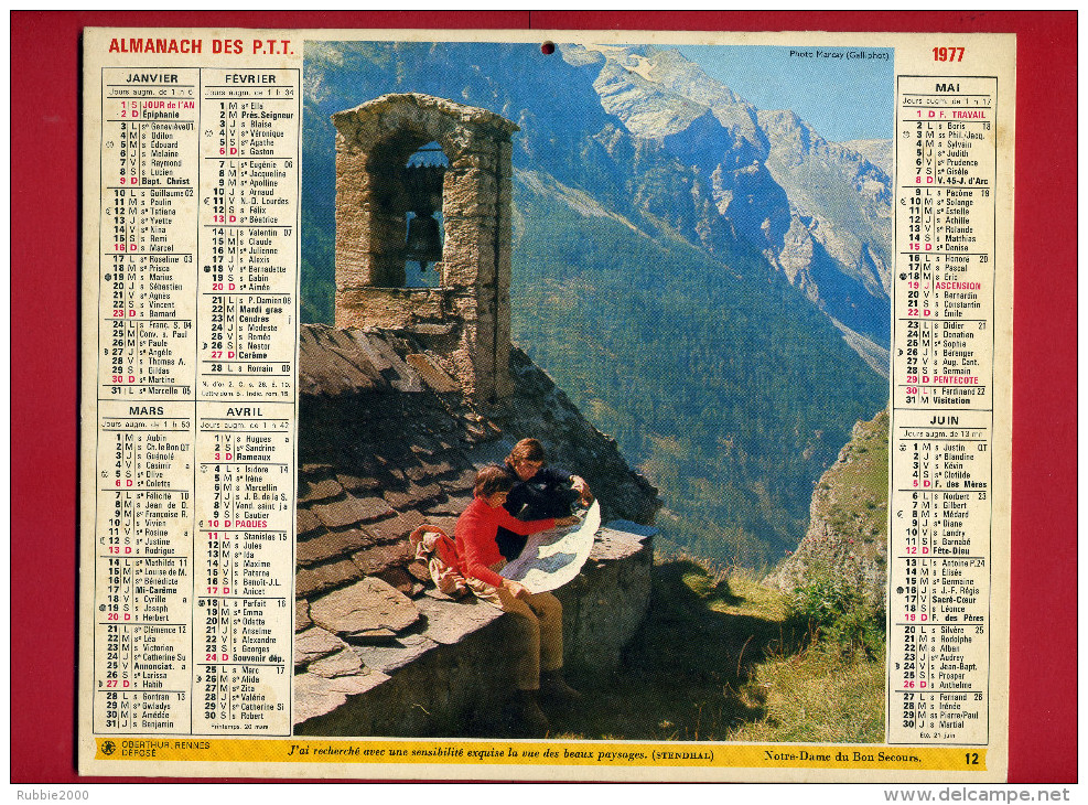 CALENDRIER 1977 NOTRE DAME DU BON SECOURS  IMPRIMEUR OBERTHUR CALENDRIER DOUBLE - Grand Format : 1971-80