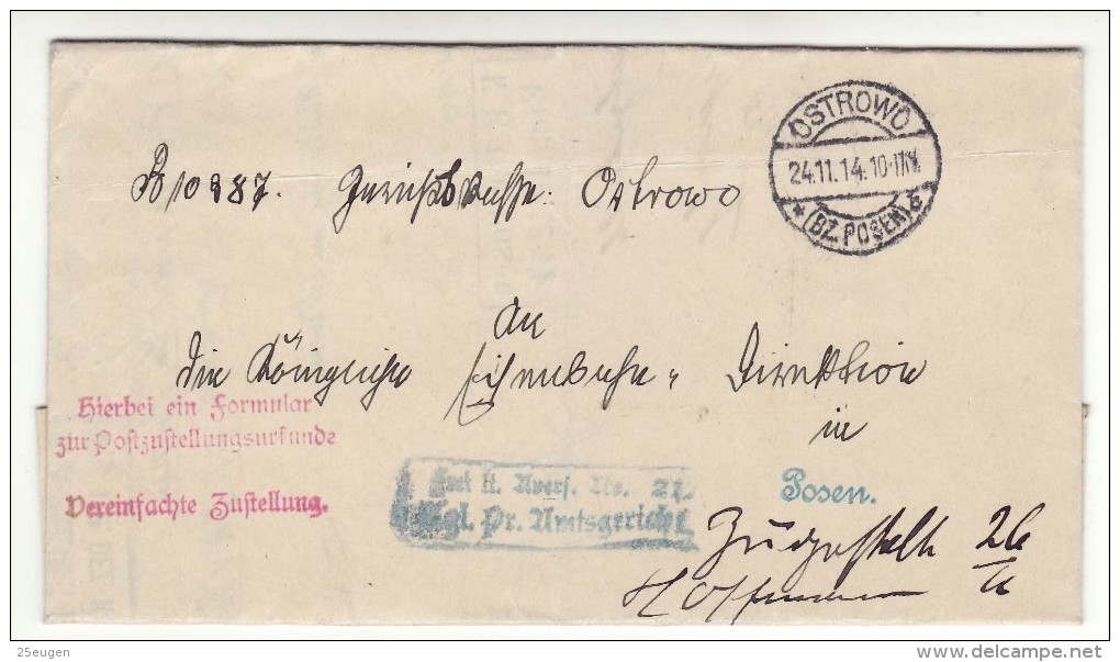 POLAND / GERMAN ANNEXATION 1914  LETTER  SENT FROM  OSTROW  TO  POZNAN - Covers & Documents