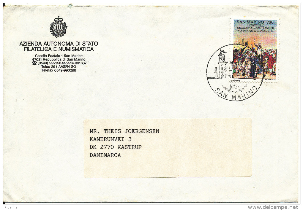 San Marino Cover Sent To Denmark 4-6-1990 Single Stamp - Brieven En Documenten