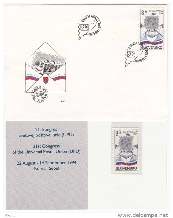 Slovenska, Slovakia FDC 1994, + MNH + Information, UPU U.P.U. - FDC