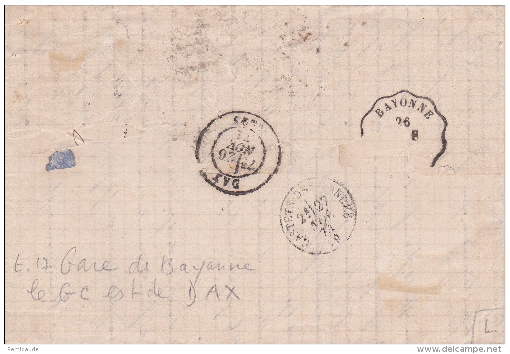 1864 - CERES - LETTRE Avec ANNULATION De DAX (GC 1283) + CACHET De La GARE De BAYONNE Pour CASTETS DES LANDES - 1871-1875 Cérès