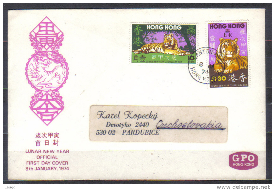 Hong Kong  FDC Mi 287-288 Lunar Year Of Tiger 1974 , Addressed To Czechoslovakia - FDC