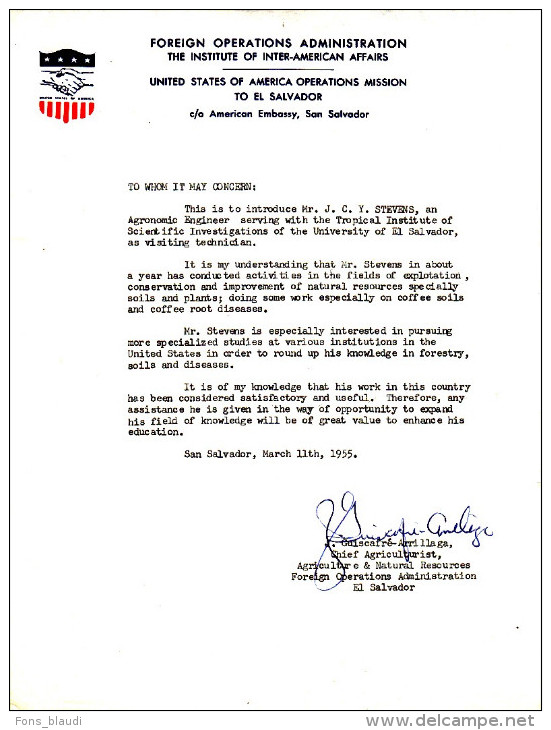 Archives Jean Claude STEVENS (1924 - ?) - Lettre De Recommandations De L'ambassade Des USA Au Salvador - FRANCO - Diplomas Y Calificaciones Escolares