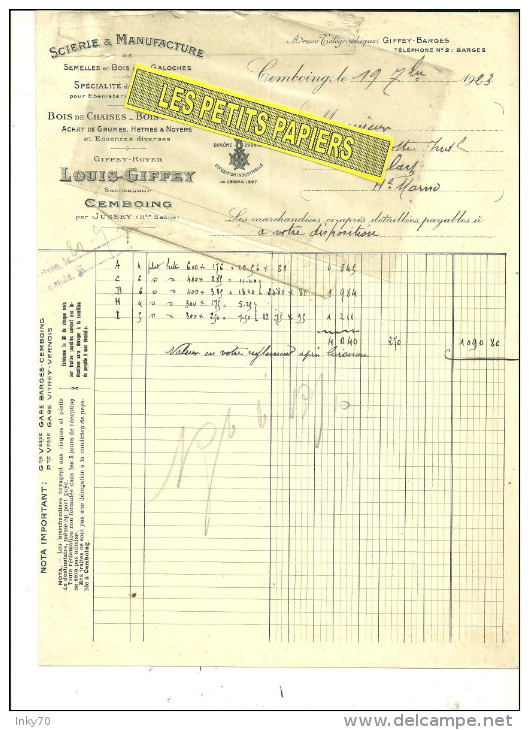70 - Haute-saône - CEMBOING - Facture GIFFEY - Scierie - Manufacture De Semelles De Bois Pour Galoches – 1923 - 1900 – 1949