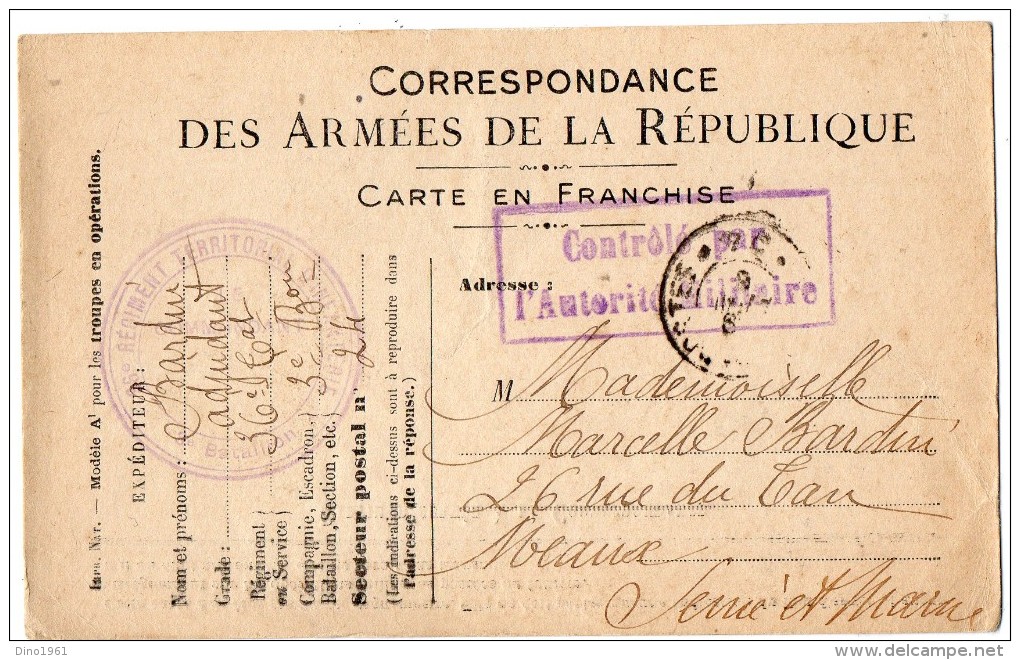 TB 56 - MILITARIA - Carte En Franchise Militaire - Soldat BARDIN Au 36e Rgt Territorial D´infanterie Sp 24 Pour MEAUX - Covers & Documents